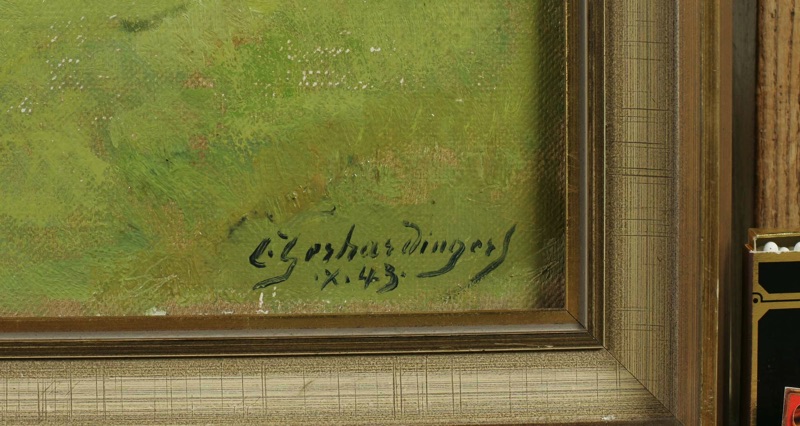 Constantin Gerhardinger Ölgemälde antik 1943 Dorf plus Druck 